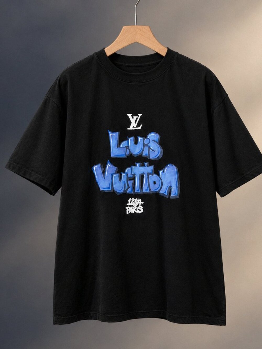 Louis Vuitton Blue Graffiti Logo Black Graphic T-Shirt